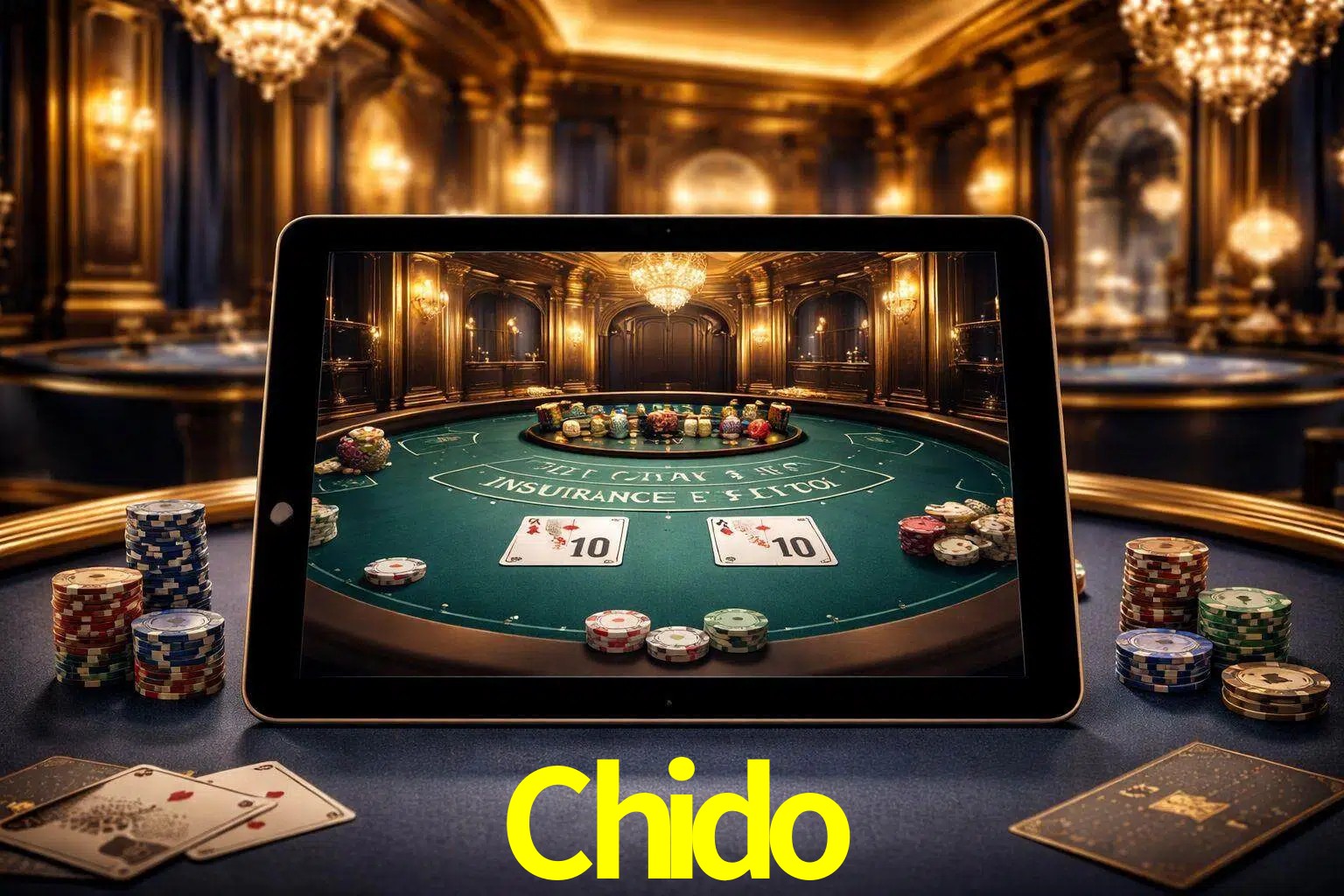 Configuración moderna de casino en vivo con una tableta mostrando una mesa de blackjack, luces cálidas de estudio y una atmósfera elegante de juegos digitales.