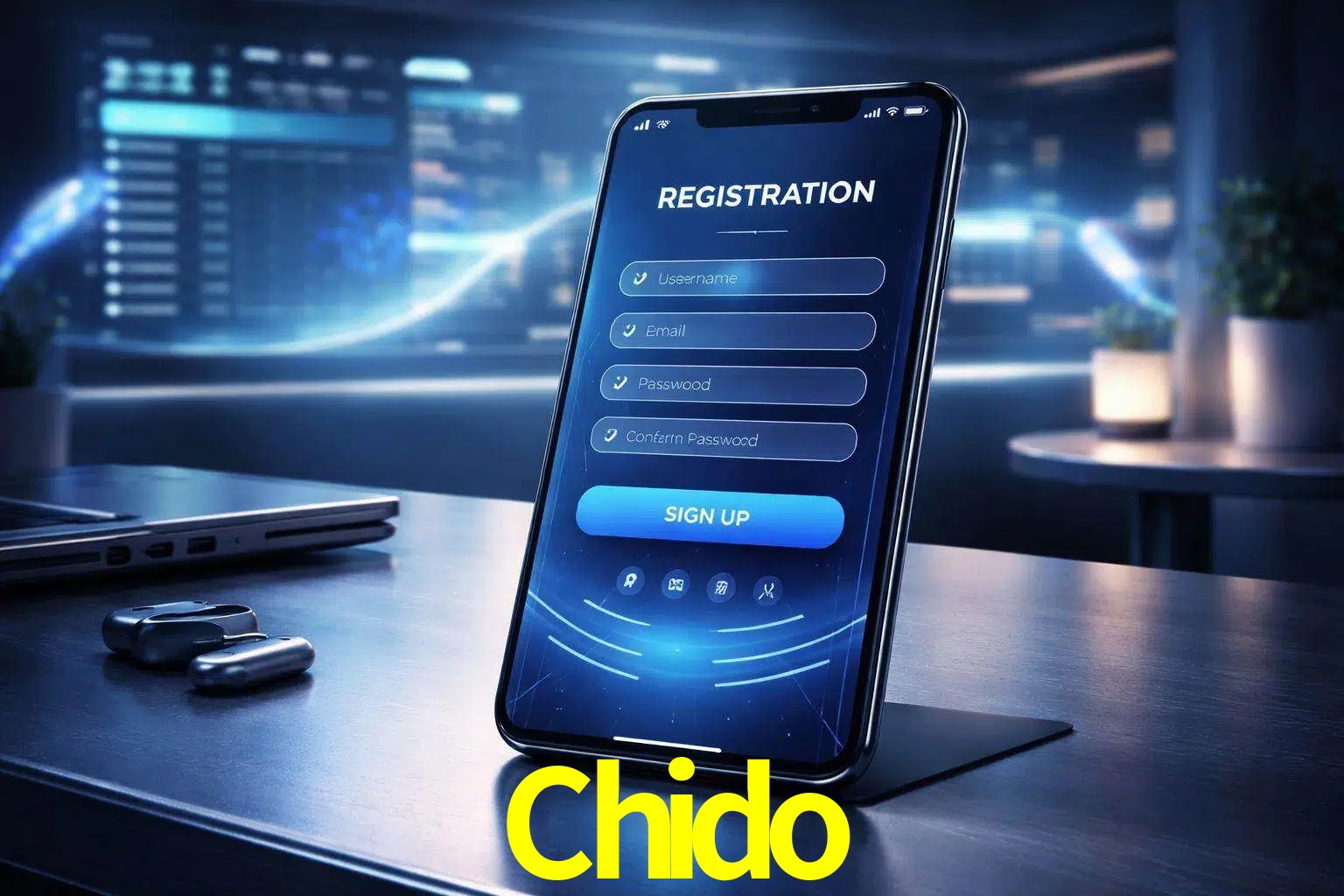 Una interfaz moderna de registro móvil para Chido mostrada en un smartphone con un panel de apuestas elegante.